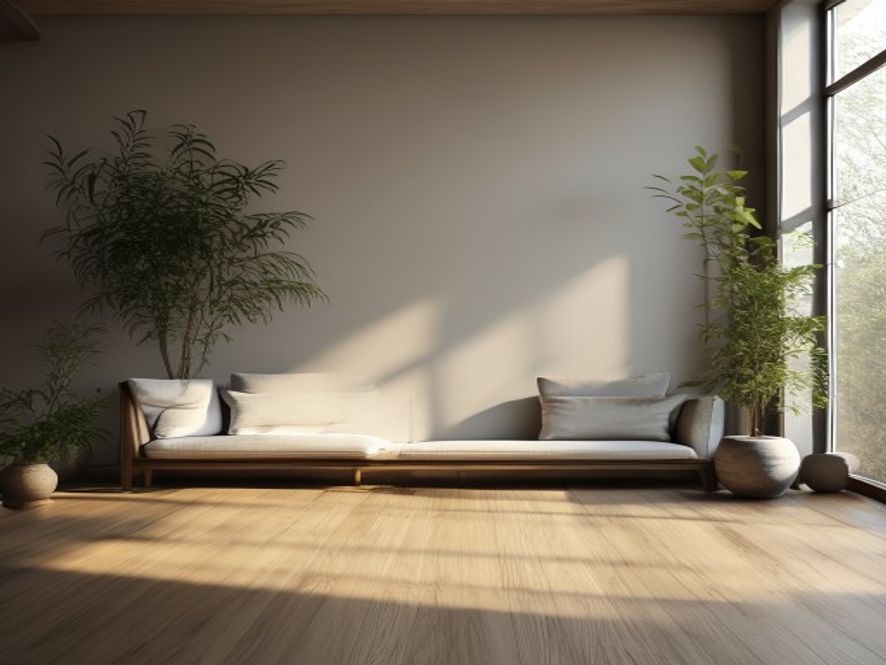 Clean, minimalist bedroom interior with soft natural textures and muted warm colours
