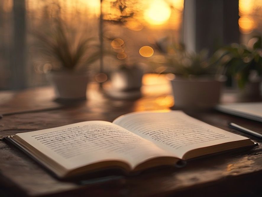 Notebook and pen on a wooden desk at dusk with warm ambient lighting