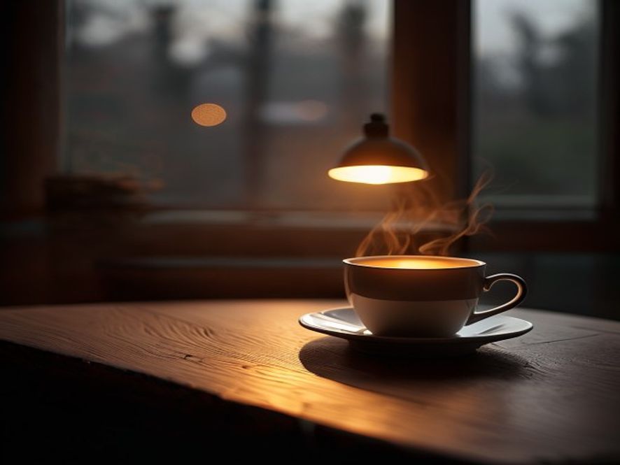Soft evening light through a window with a warm tea cup on a wooden table